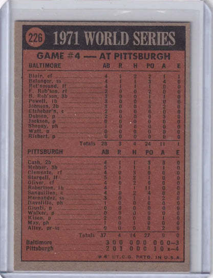 1972 Topps Baseball card featuring 1971 World Series game stats from the Pittsburgh Pirates