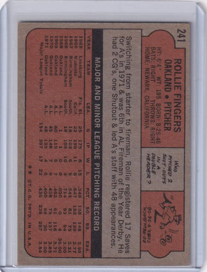 Vintage baseball card back featuring Rollie Fingers Oakland Athletics from 1972 Topps Baseball
