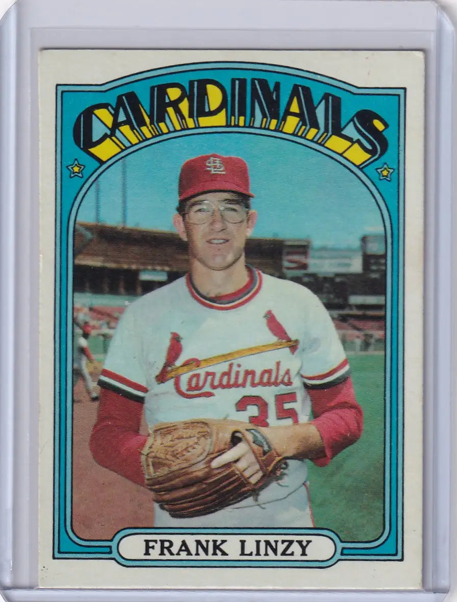 1972 Topps Baseball card of Frank Linzy, St. Louis Cardinals pitcher in home uniform