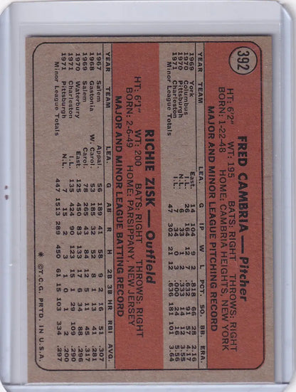 Vintage 1972 Topps Baseball #392 Rookie Stars Cambria Richie Zisk card Pittsburgh Pirates