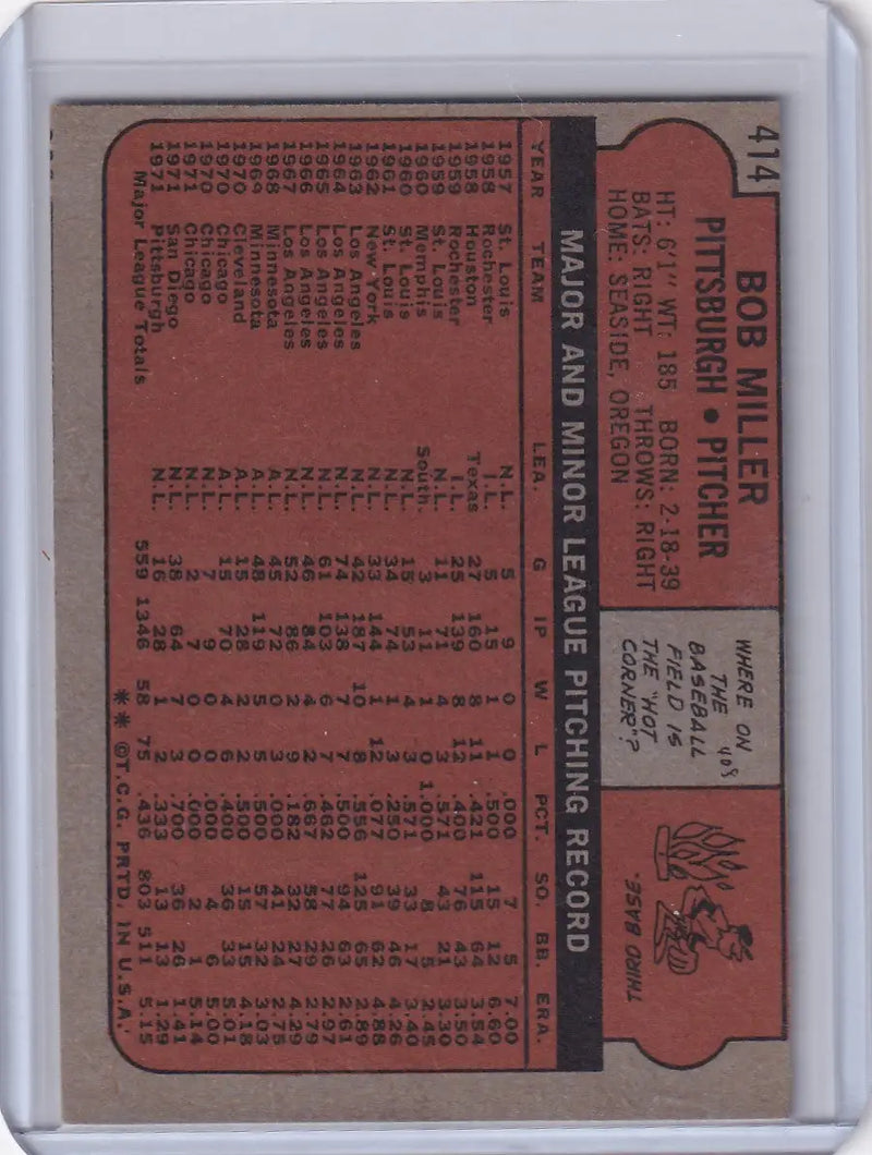 1972 Topps Baseball #414 Bob Miller card featuring the Pittsburgh Pirates