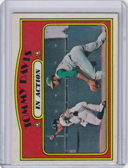 Vintage Topps Baseball card of Tommy Davis sliding into base for Oakland Athletics