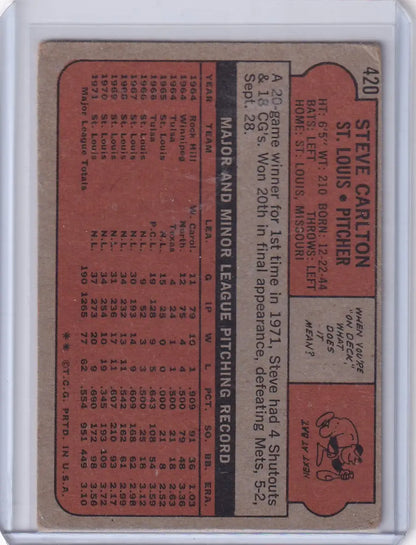 Vintage Steve Carlton card from 1972 Topps Baseball featuring St. Louis Cardinals