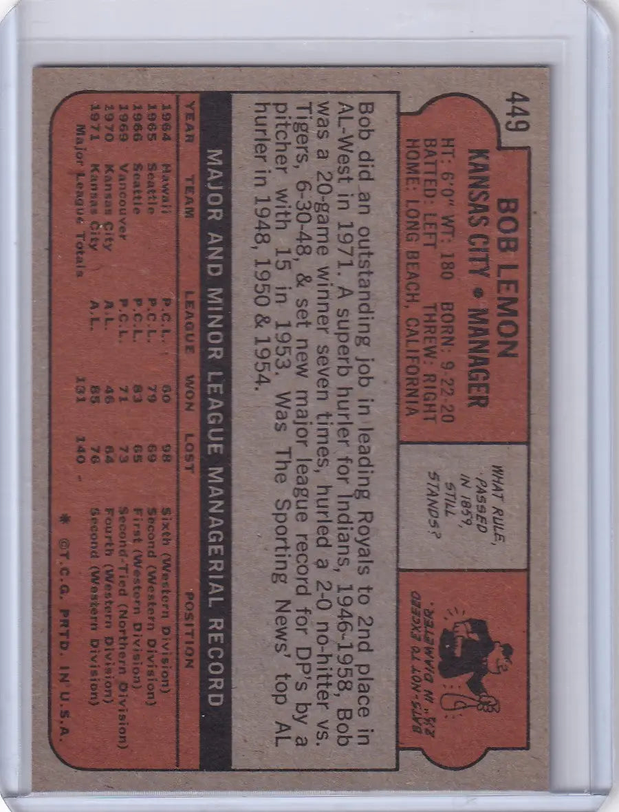 Back of 1972 Topps Baseball #449 Bob Lemon card for Kansas City Royals collectors