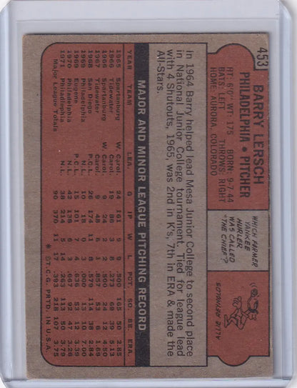 Back of 1972 Topps Baseball card featuring Barry Lersch of the Philadelphia Phillies