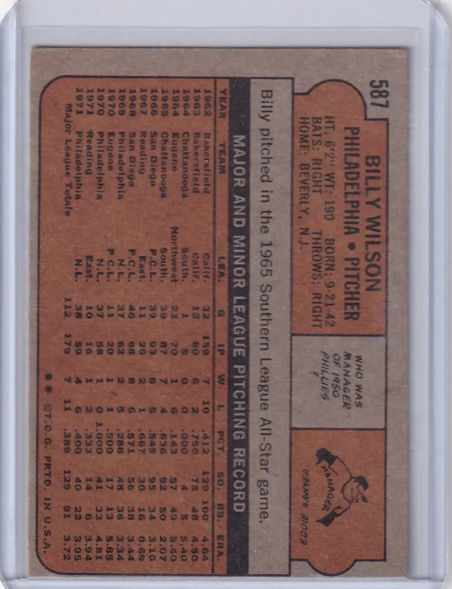 Vintage 1972 Topps Baseball #587 Billy Wilson card of the Philadelphia Phillies