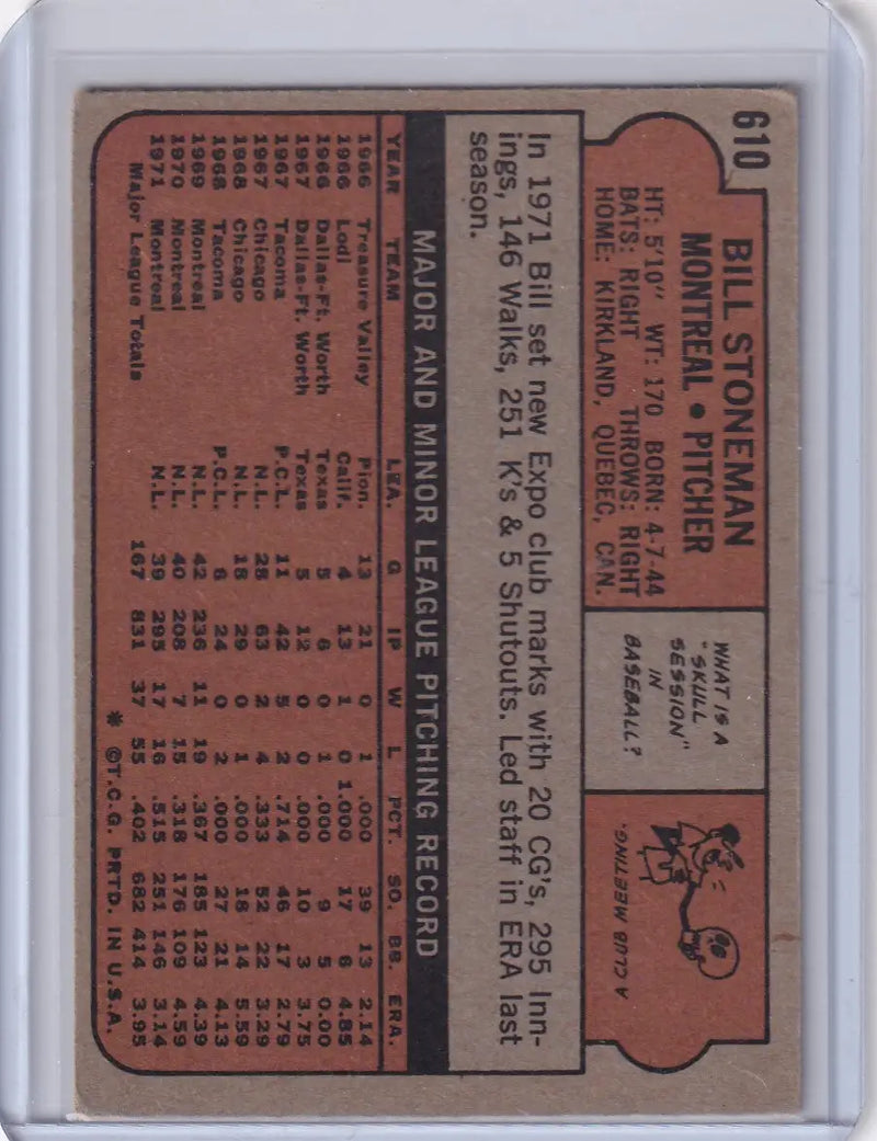 1972 Topps Baseball #610 Bill Stoneman trading card featuring Montreal Expos player