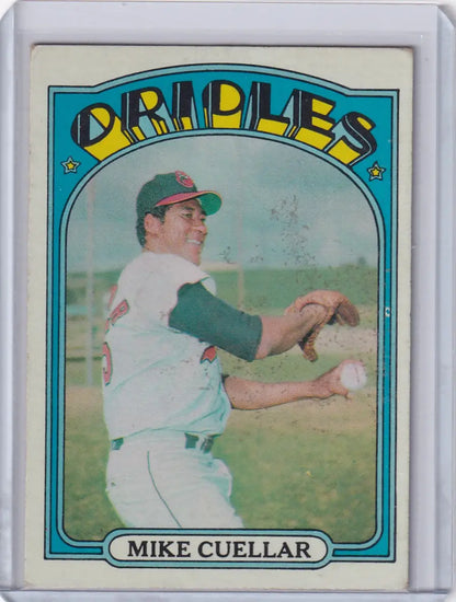 1972 Topps Baseball card of Mike Cuellar featuring Baltimore Orioles pitcher in action