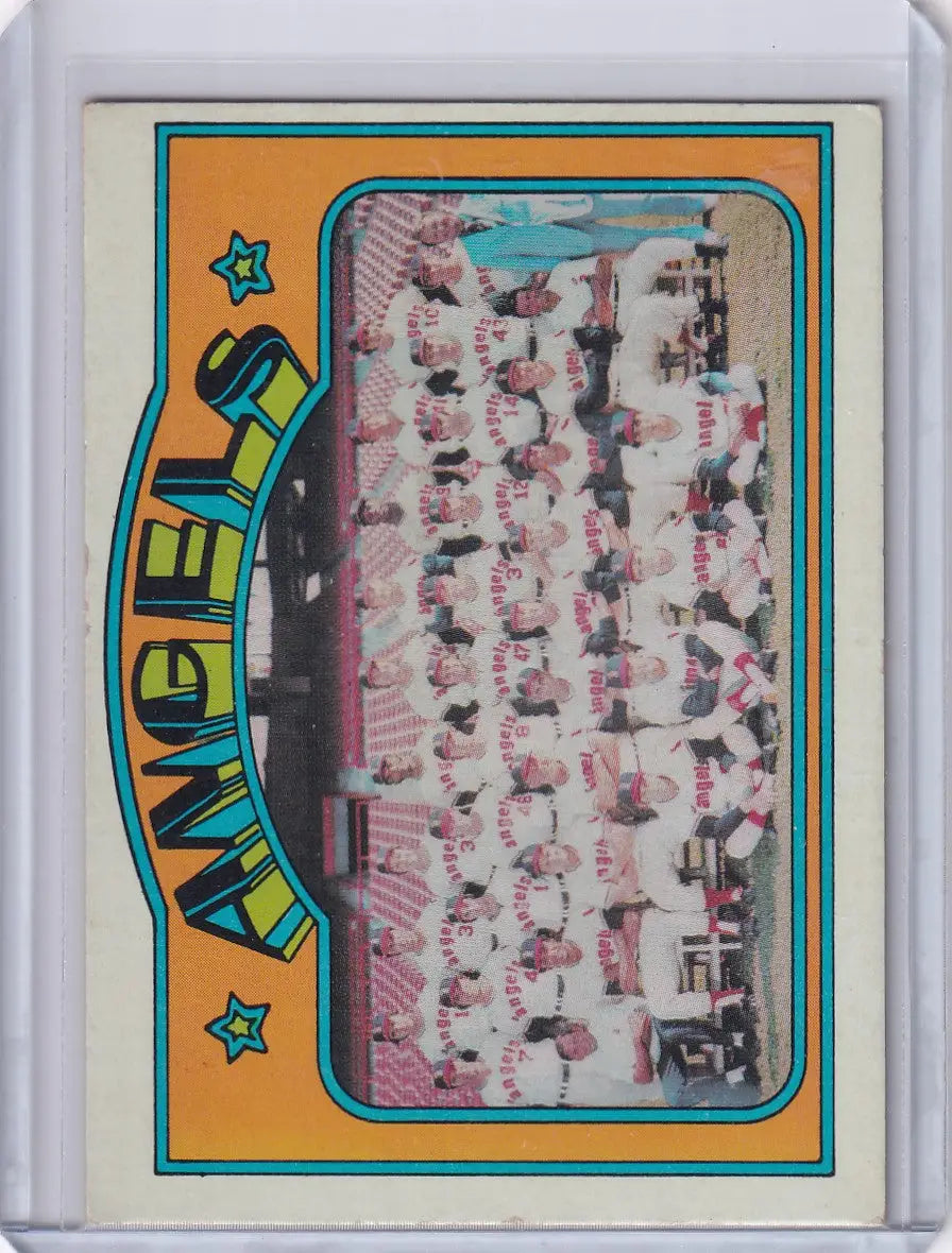 Vintage California Angels trading card with pink-tinted team photograph from Topps Baseball