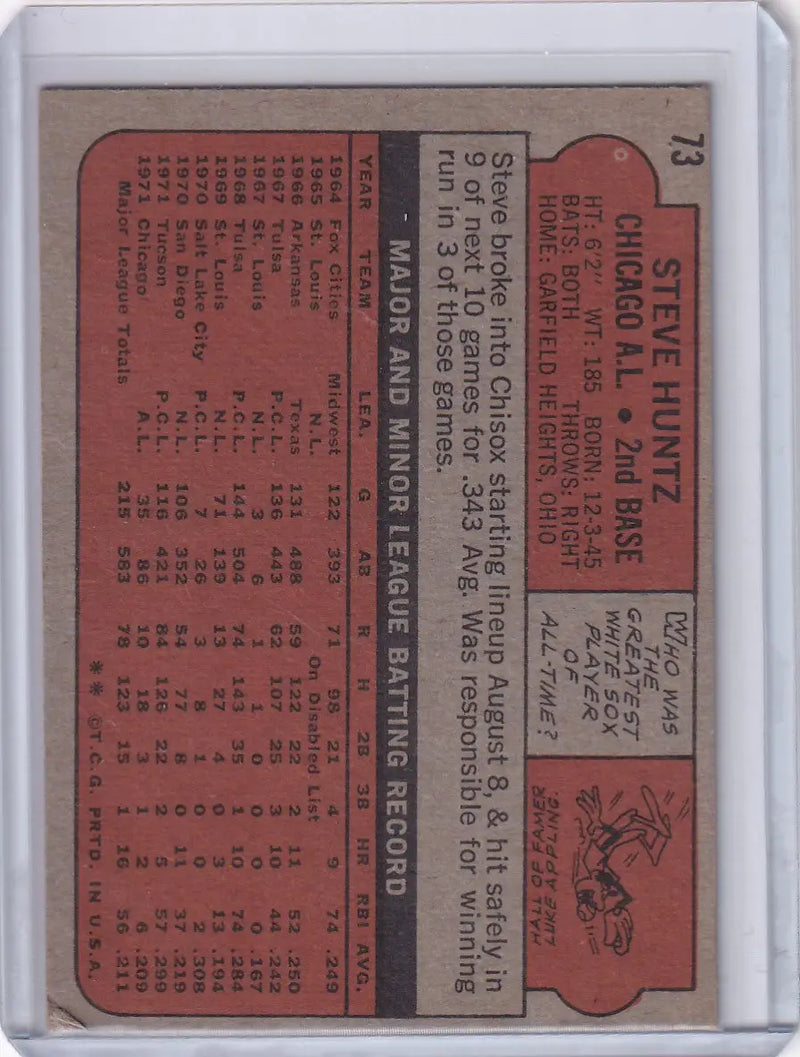Vintage 1972 Topps Baseball card of Steve Huntz from the Chicago White Sox