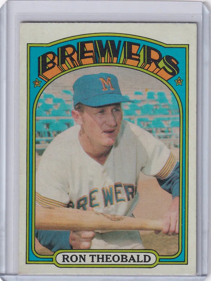 Vintage 1972 Topps Baseball card of Ron Theobald in a batting stance for Milwaukee Brewers