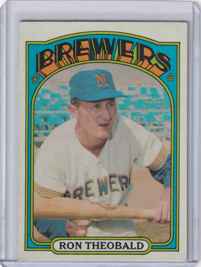 Vintage 1972 Topps Baseball card of Ron Theobald in a batting stance for Milwaukee Brewers