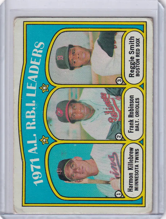 Vintage 1971 Topps Baseball card featuring A.L. RBI Leaders Killebrew, Robinson, Smith