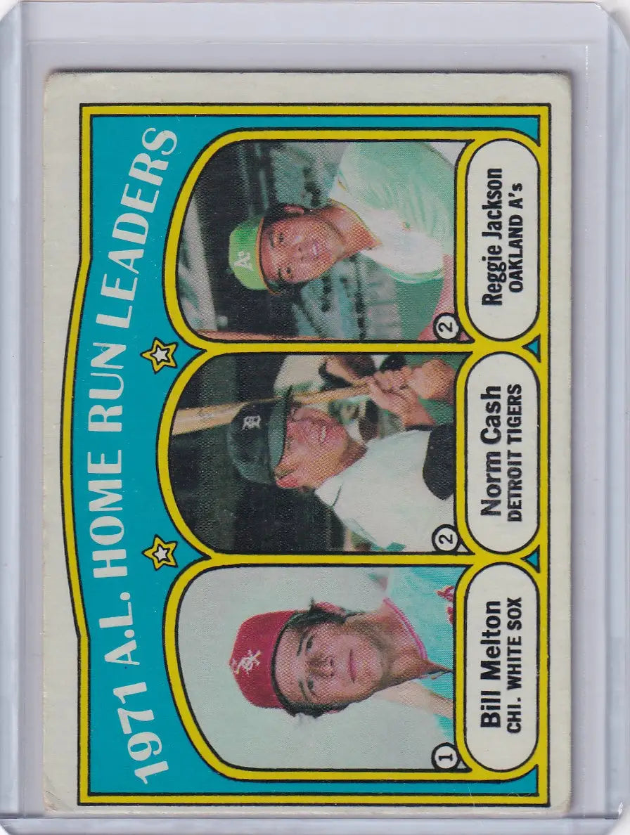 1971 American League Home Run Leaders baseball card featuring Melton, Cash, and Jackson