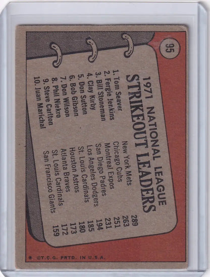Vintage Topps Baseball card featuring 1971 N.L. Strikeout Leaders Seaver and Jenkins