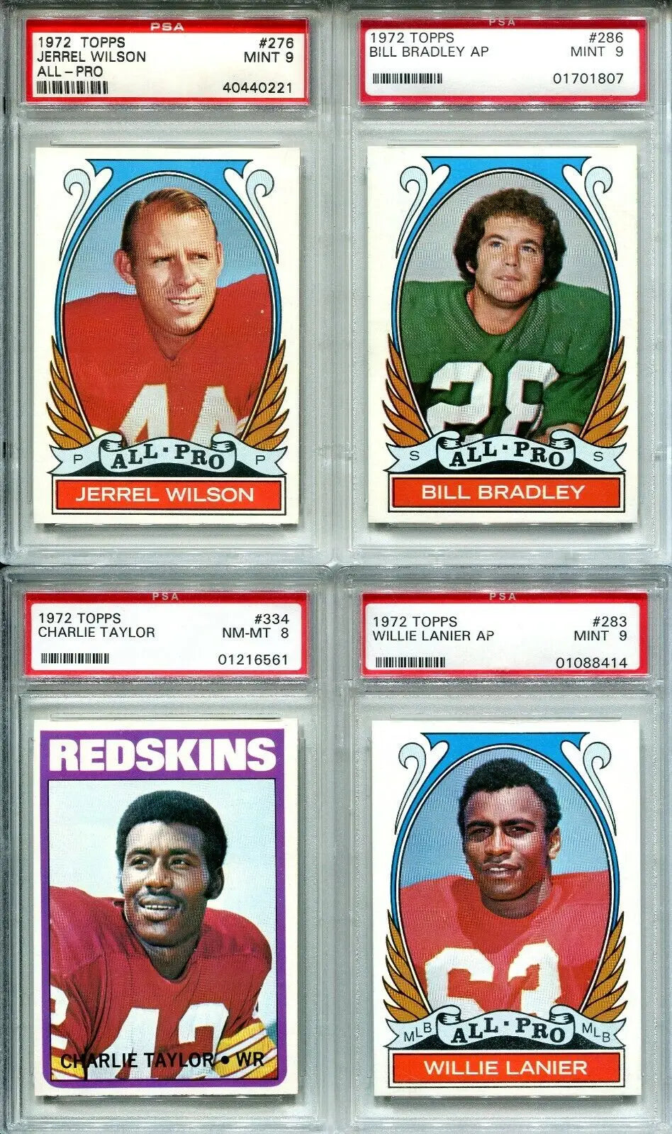 Four graded 1972 Topps trading cards featuring Charlie Taylor of the Washington Redskins