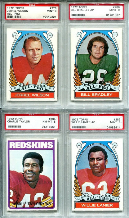 Four graded 1972 Topps trading cards featuring Charlie Taylor of the Washington Redskins
