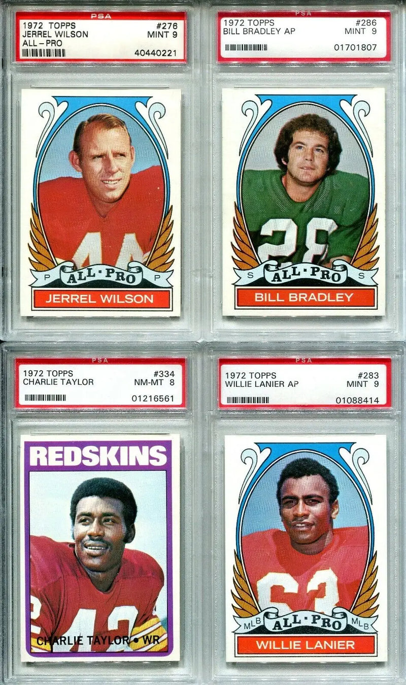 Four graded 1972 Topps trading cards featuring Charlie Taylor of the Washington Redskins