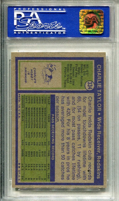 Graded Charlie Taylor trading card from 1972 Topps Football NFL Washington Redskins PSA 8 NMT