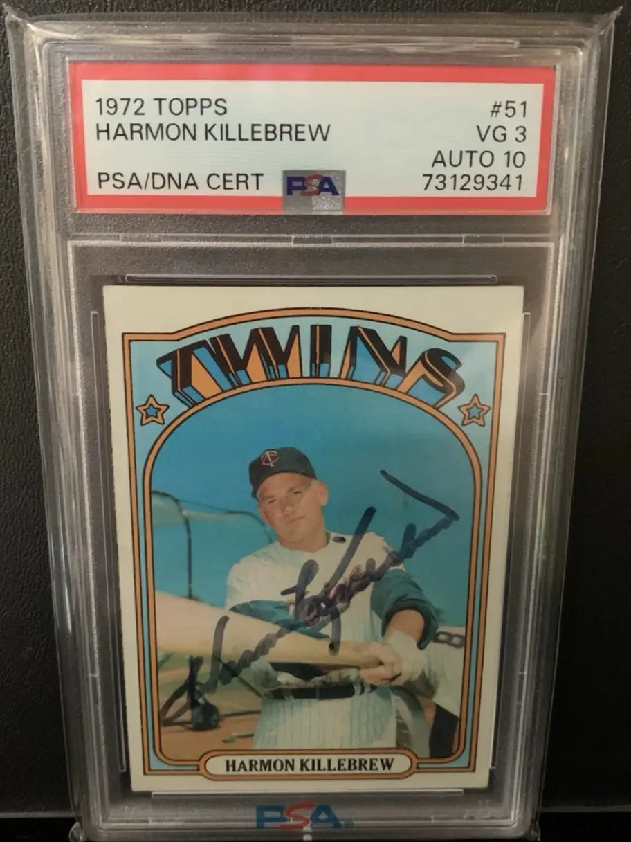 PSA-graded 1972 Topps Harmon Killebrew baseball card with Auto 10 signature and dual grade