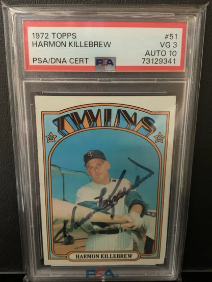 PSA-graded 1972 Topps Harmon Killebrew baseball card with Auto 10 signature and dual grade