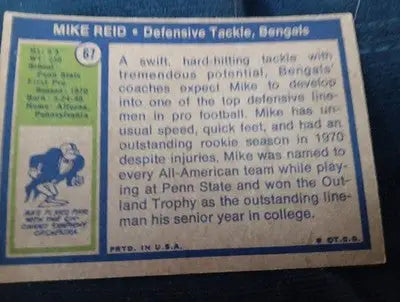 1972 Topps - Mike Reid #67 (RC). Bengals. VG+ - EX - Football Card Single