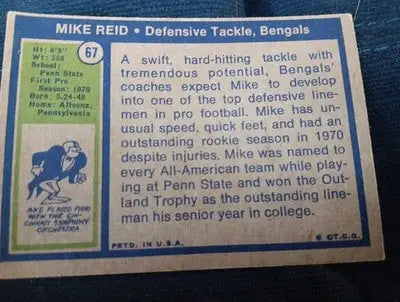 1972 Topps - Mike Reid #67 (RC). Bengals. VG+ - EX - Football Card Single