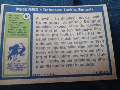 1972 Topps - Mike Reid #67 (RC). Bengals. VG+ - EX - Football Card Single