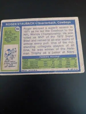 1972 Topps - Roger Staubach #200 (RC). *low grade. creased. Dallas Cowboys. PR