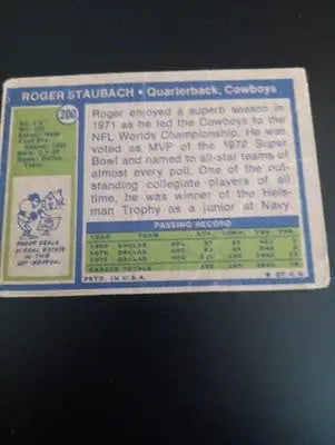 1972 Topps - Roger Staubach #200 (RC). *low grade. creased. Dallas Cowboys. PR