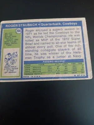 1972 Topps - Roger Staubach #200 (RC). *low grade. creased. Dallas Cowboys. PR
