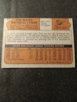 1972 Topps - Tom Seaver #445. NY Mets. HOF. off center. EX-NRMT - Baseball Card Single