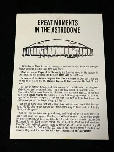 Willie Mays 5x7 Great Moments in the Astrodome B&W Photo Facsimile Auto baseball card