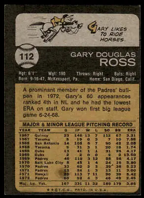 Vintage 1973 Topps #112 Gary Ross baseball card featuring San Diego Padres player