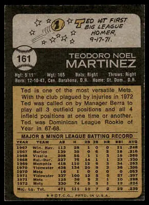 Vintage baseball card back of 1973 Topps #161 Ted Martinez baseball card