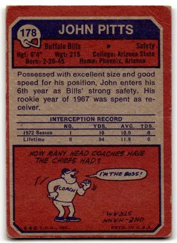 Vintage John Pitts football card 1973 Topps #178 with original gloss and Pitts G Good condition