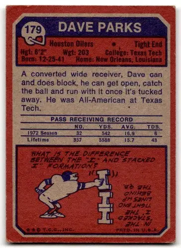 1973 Topps Dave Parks football card with original gloss and Parks G Good condition
