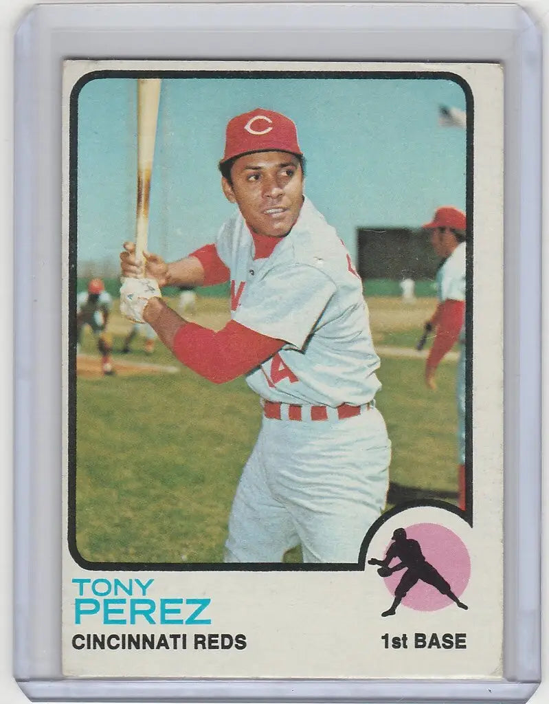 Baseball card of Tony Perez Cincinnati Reds in batting stance, 1973 Topps EXMT