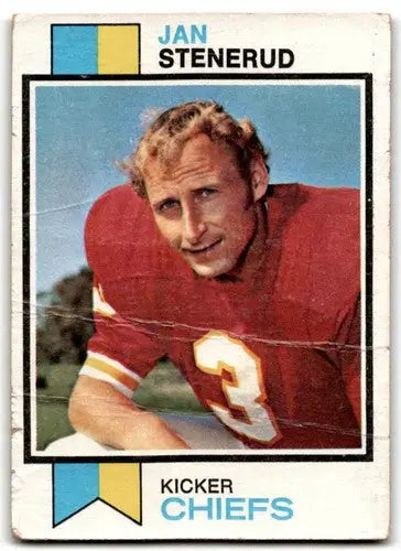 Vintage Jan Stenerud football card with original gloss from 1973 Topps Stenerud P Poor Chiefs