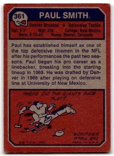 Vintage football card featuring 1973 Topps Paul Smith G Good Broncos with original gloss
