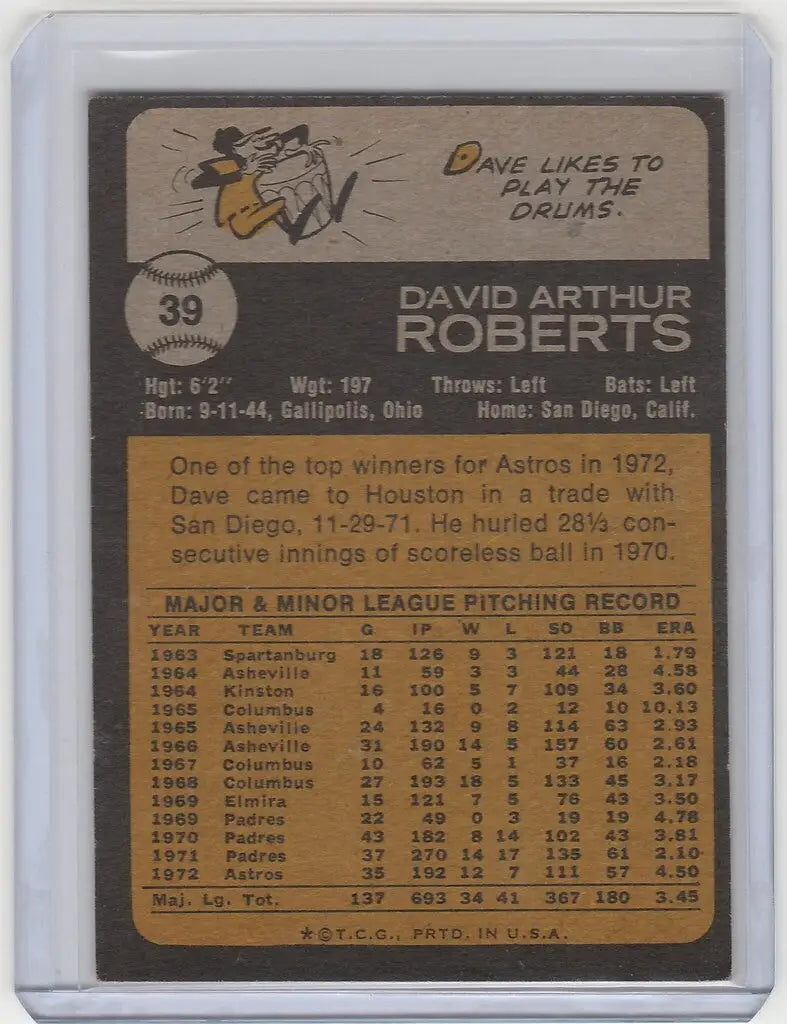 Baseball card of Dave Roberts Houston Astros with stats and cartoon character in EXMT