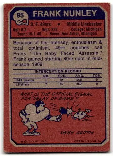 Vintage football card featuring Frank Nunley from 1973 Topps with original gloss