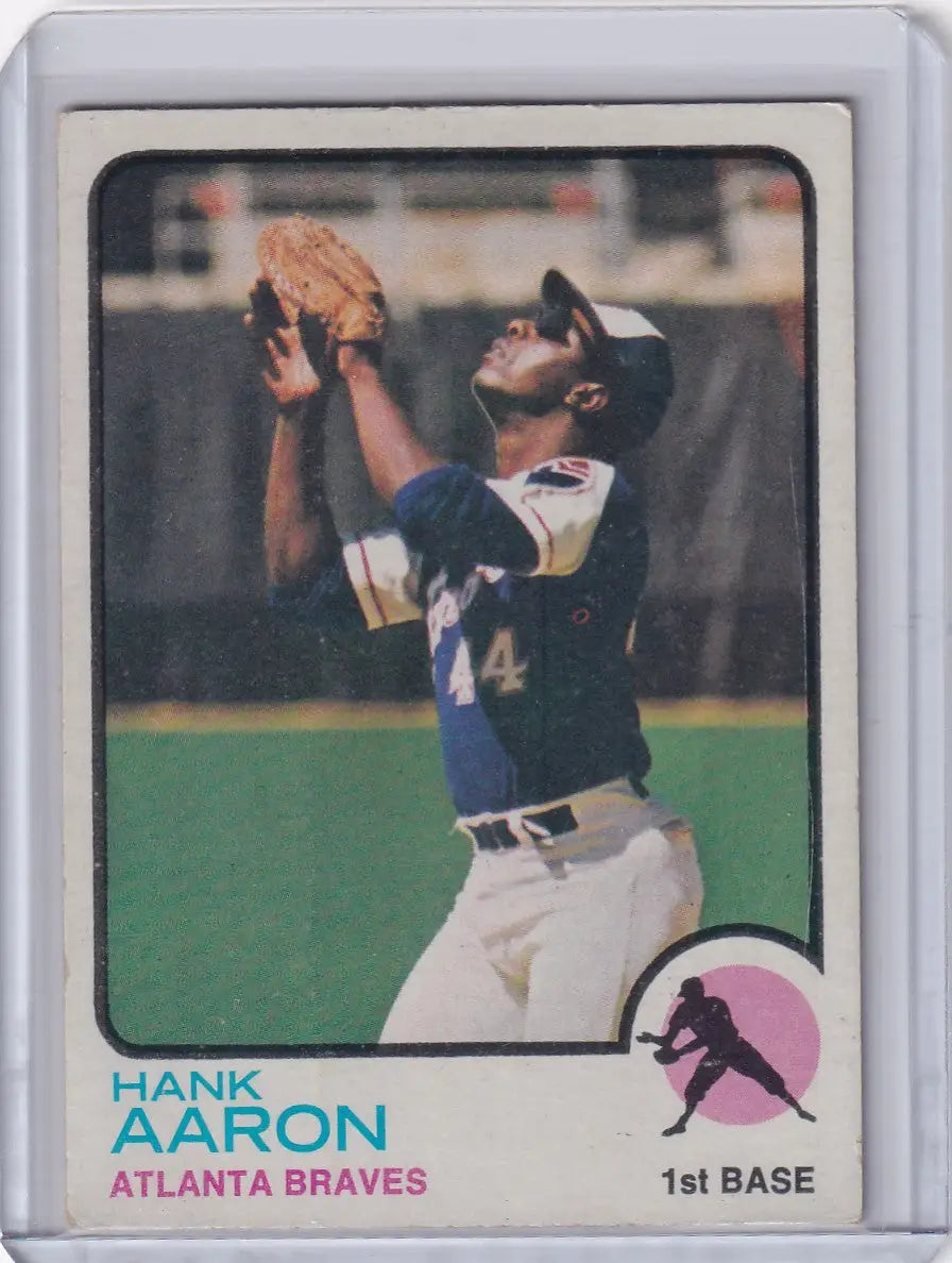 Hank Aaron 1973 Topps Baseball card featuring the Atlanta Braves team logo