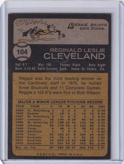 1973 Topps Baseball #104 Reggie Cleveland card featuring St. Louis Cardinals player