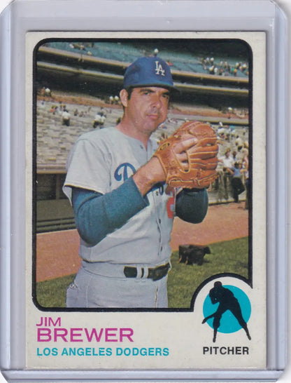 Jim Brewer 1973 Topps Baseball card featuring Los Angeles Dodgers pitcher