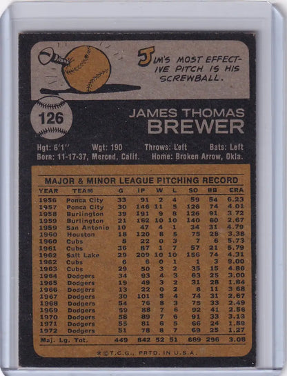 Vintage baseball card back of 1973 Topps Baseball Jim Brewer - Los Angeles Dodgers