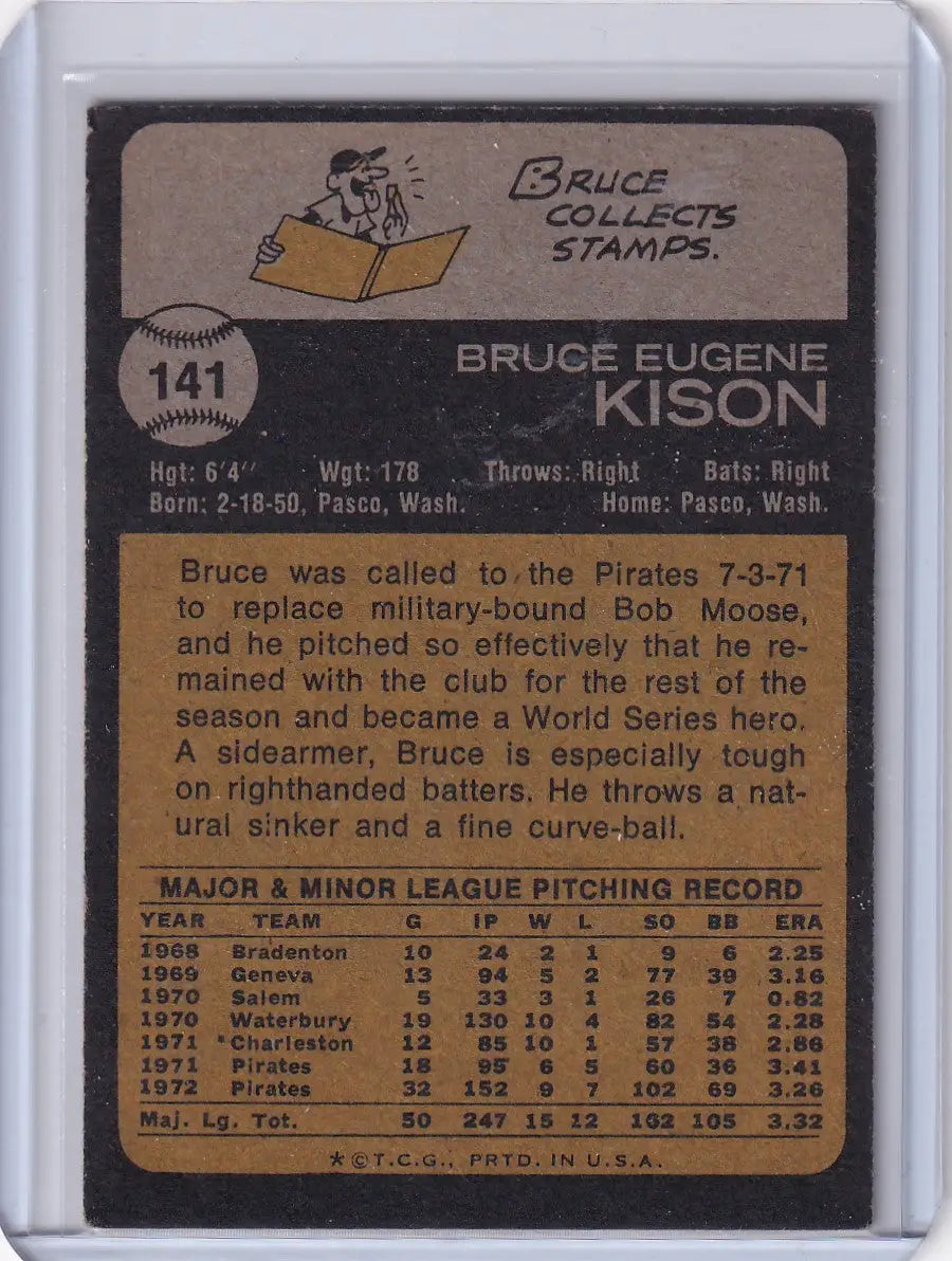 Back of 1973 Topps Baseball #141 Bruce Kison card featuring Pittsburgh Pirates stats