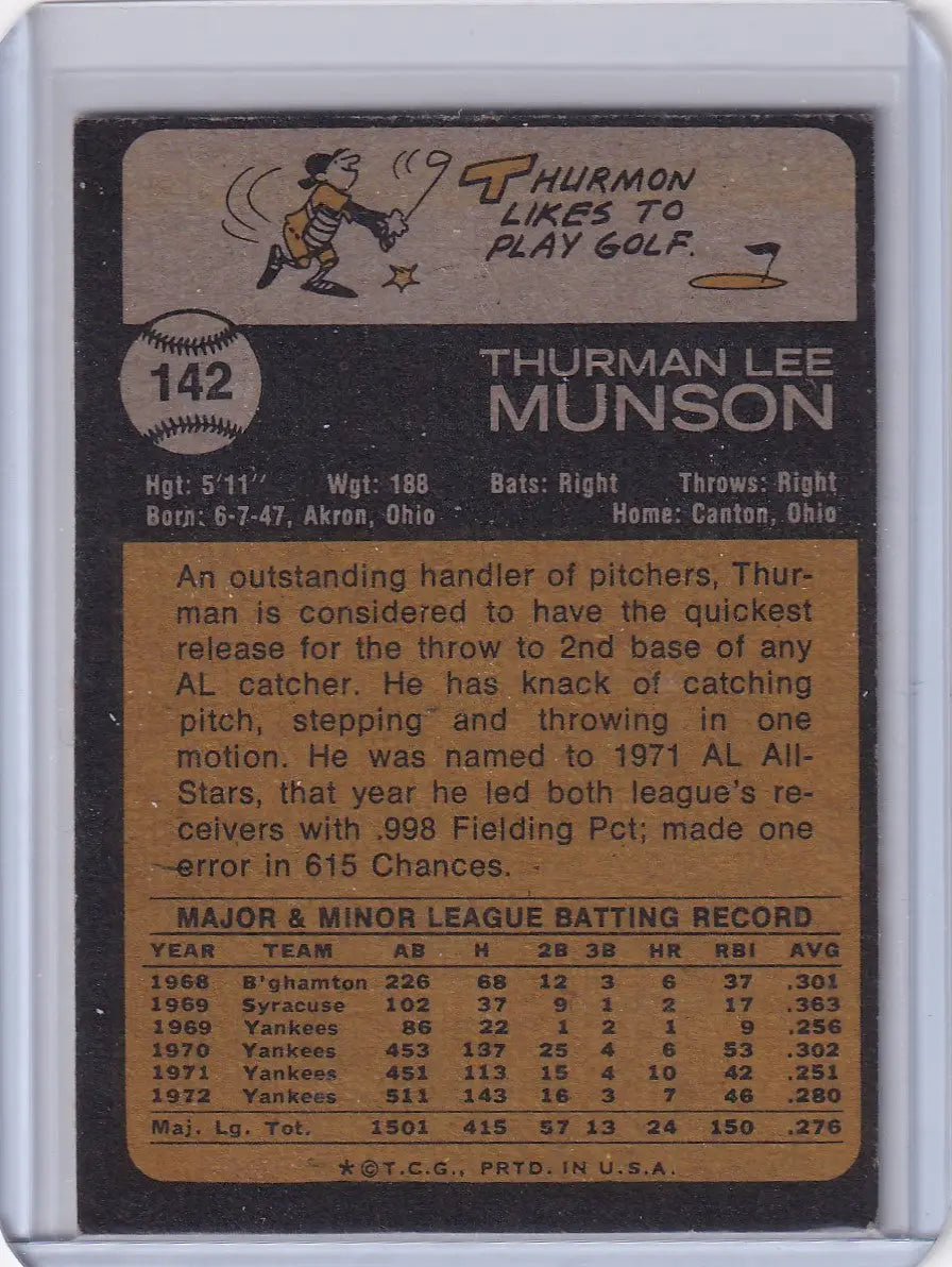 1973 Topps Baseball #142 Thurman Munson Card featuring New York Yankees Legend