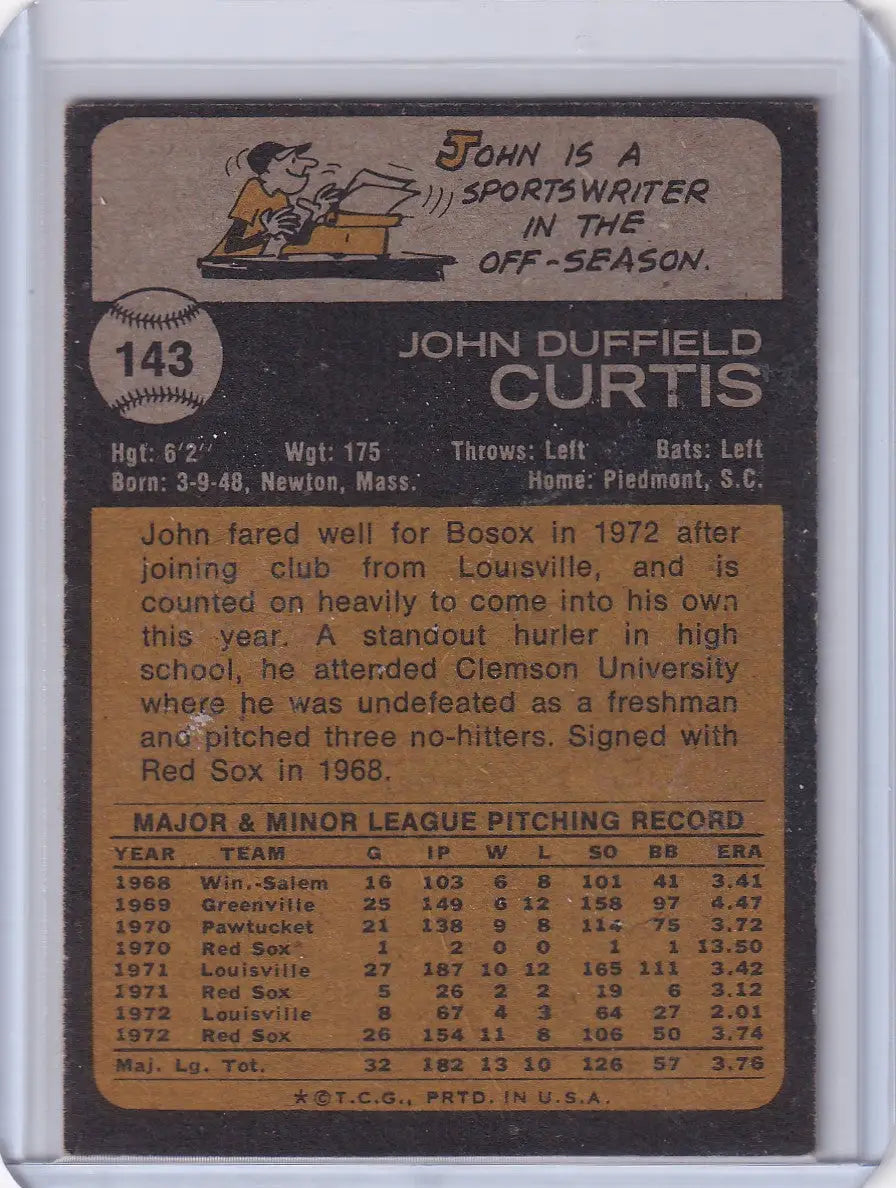 Vintage 1973 Topps Baseball card of John Curtis featuring the Boston Red Sox