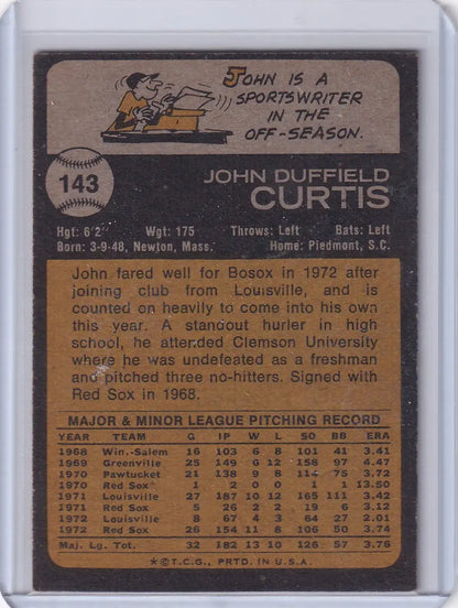 Vintage 1973 Topps Baseball card of John Curtis featuring the Boston Red Sox
